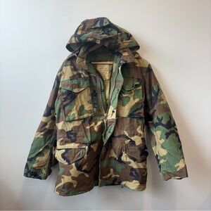 Military Mens Small Field Cold Weather Coat Woodland Camo Lined Army Hooded